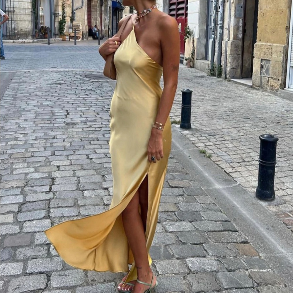 NWOT Yellow one shoulder satin dress with slit